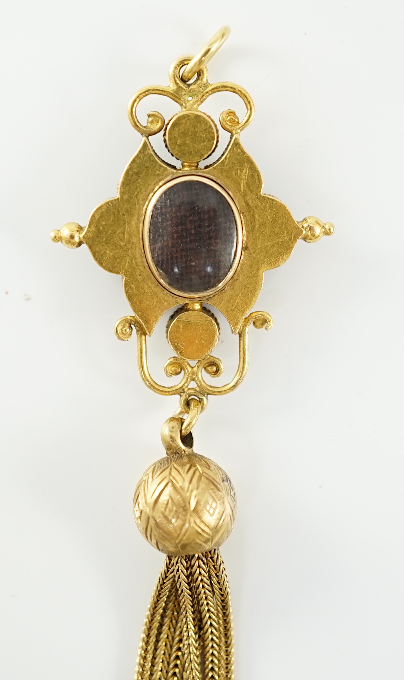 A 19th century gold and micro mosaic tassel drop pendant